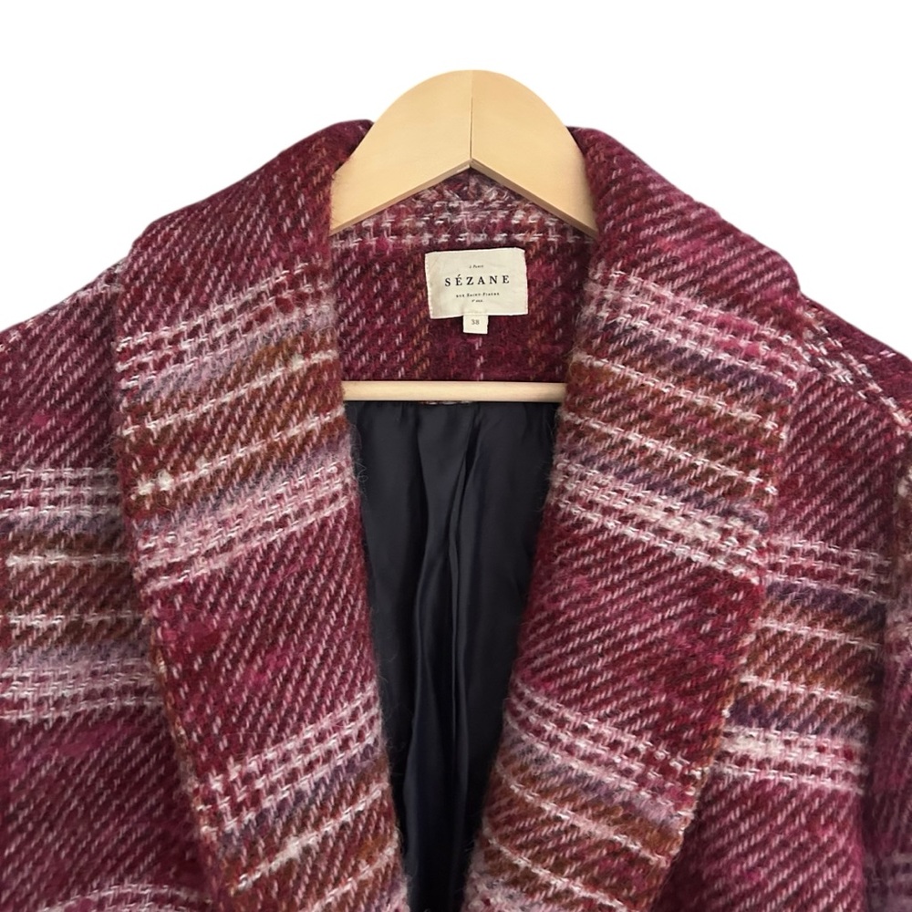 Sézane Joe Shawl Wool Blend Coat in Burgundy and Pink Tartan Sz 38 US 6 - Picture 10 of 10